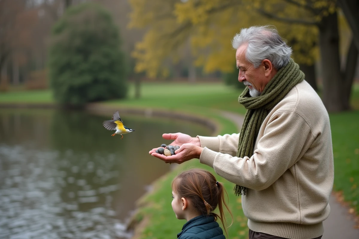 Homme montrant des pierres à une jeune fille au bord du lac