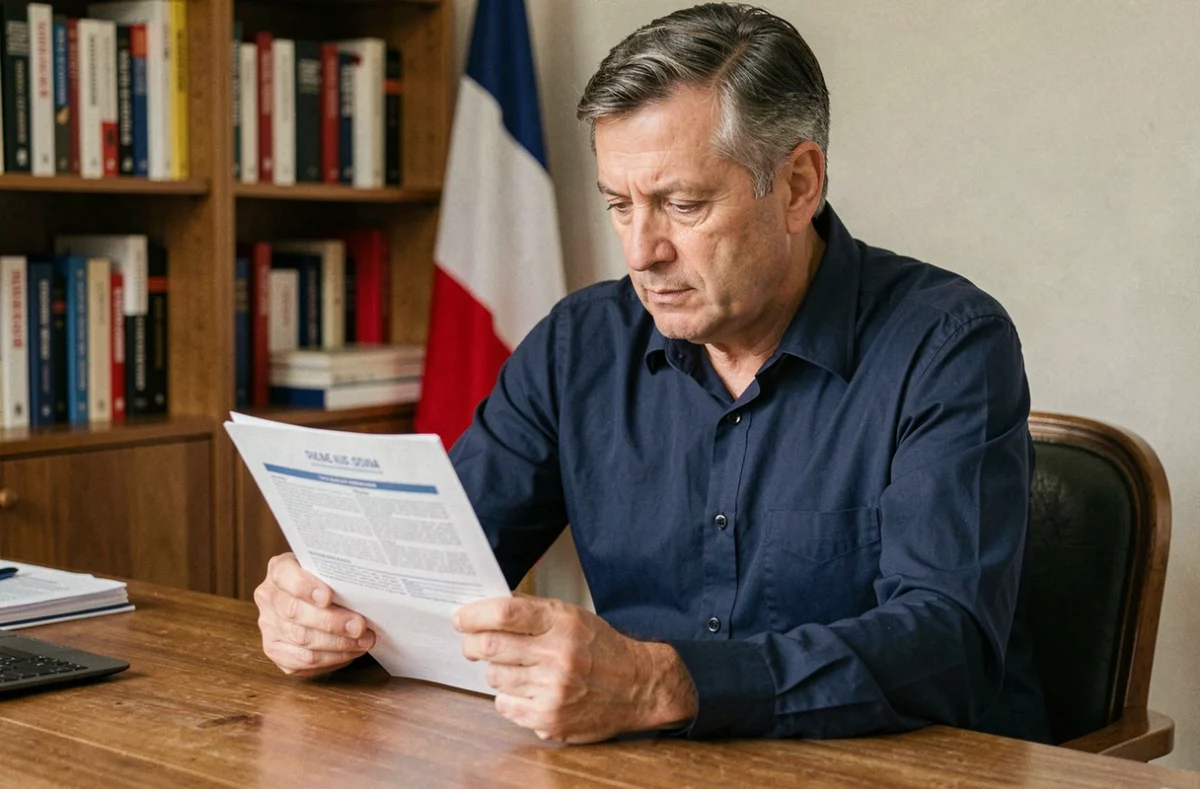 Homme lisant un questionnaire d'orientation politique républicaine assis à un bureau à domicile