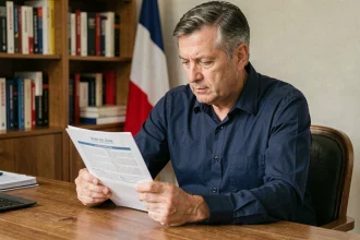 Homme lisant un questionnaire d'orientation politique républicaine assis à un bureau à domicile