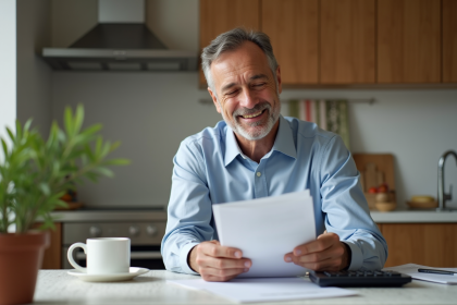 Homme d'âge moyen vérifiant ses factures dans la cuisine