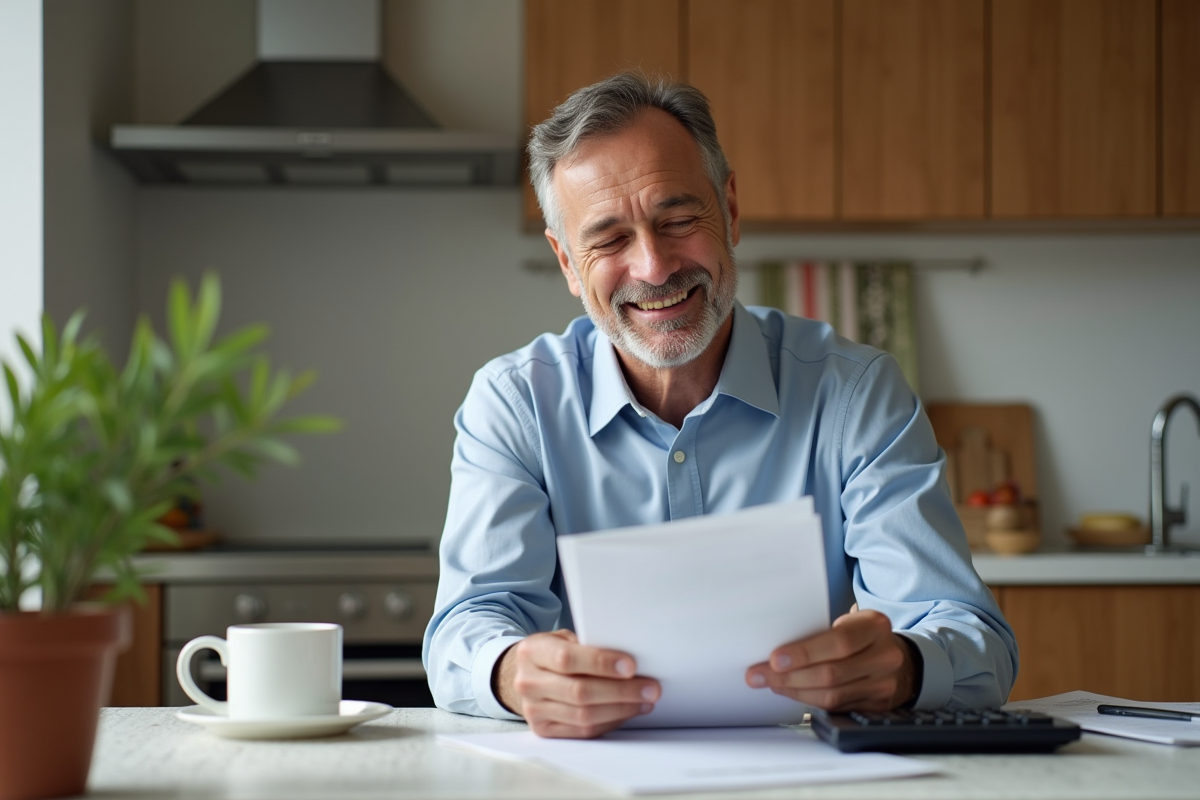 Homme d'âge moyen vérifiant ses factures dans la cuisine