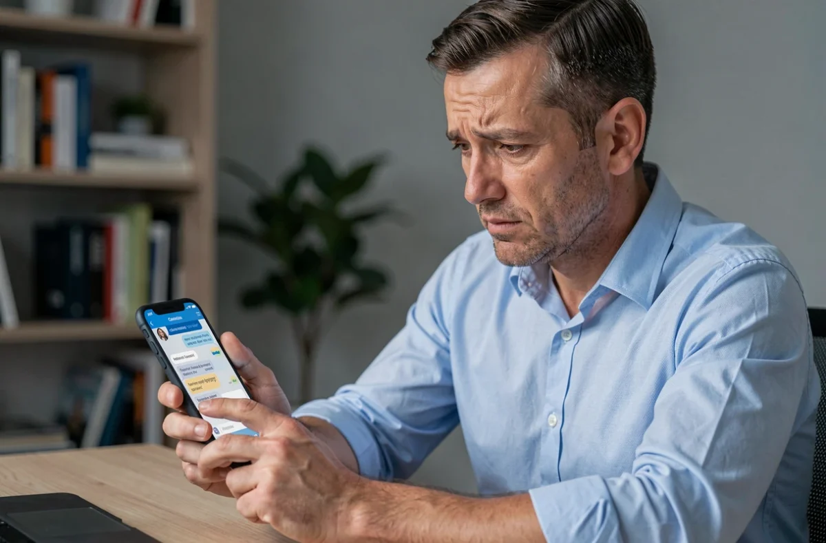 Homme consultant le centre d'aide Le Bon Coin sur smartphone depuis son bureau à domicile