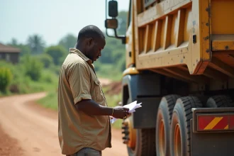 Homme ouest-africain vérifiant des papiers près d’un camion