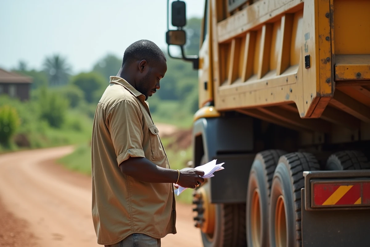 Homme ouest-africain vérifiant des papiers près d’un camion