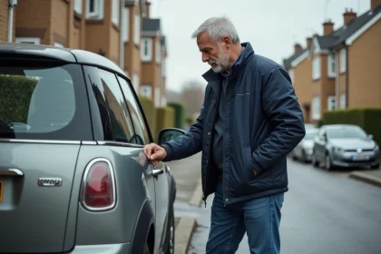 Homme vérifiant une voiture compacte dans un quartier résidentiel