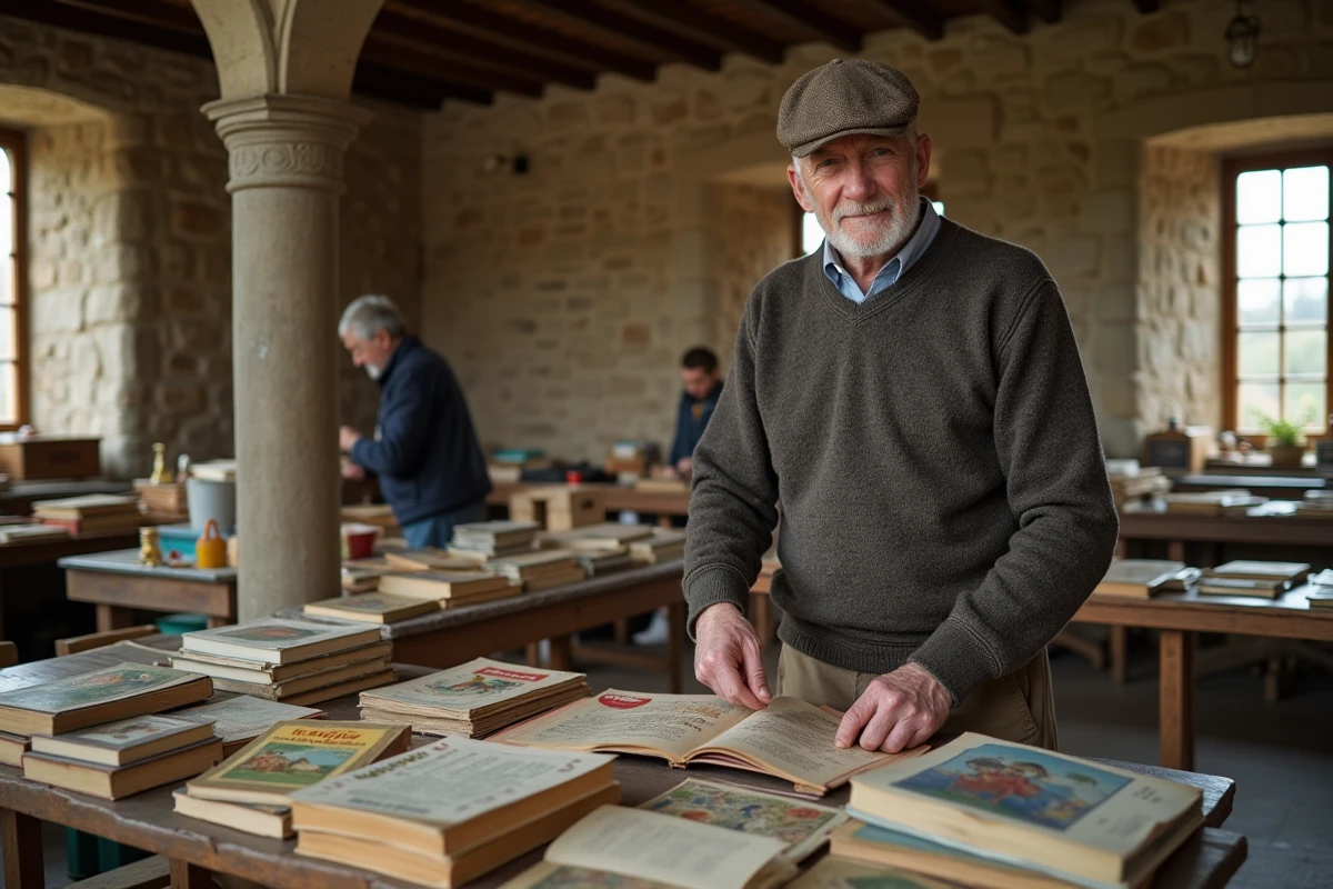 Homme âgé derrière une table de jouets et livres dans une salle communautaire