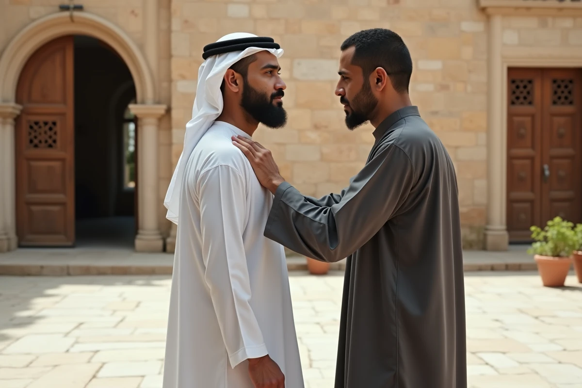 Deux hommes musulmans échangeant des condoléances avec respect devant une mosquée