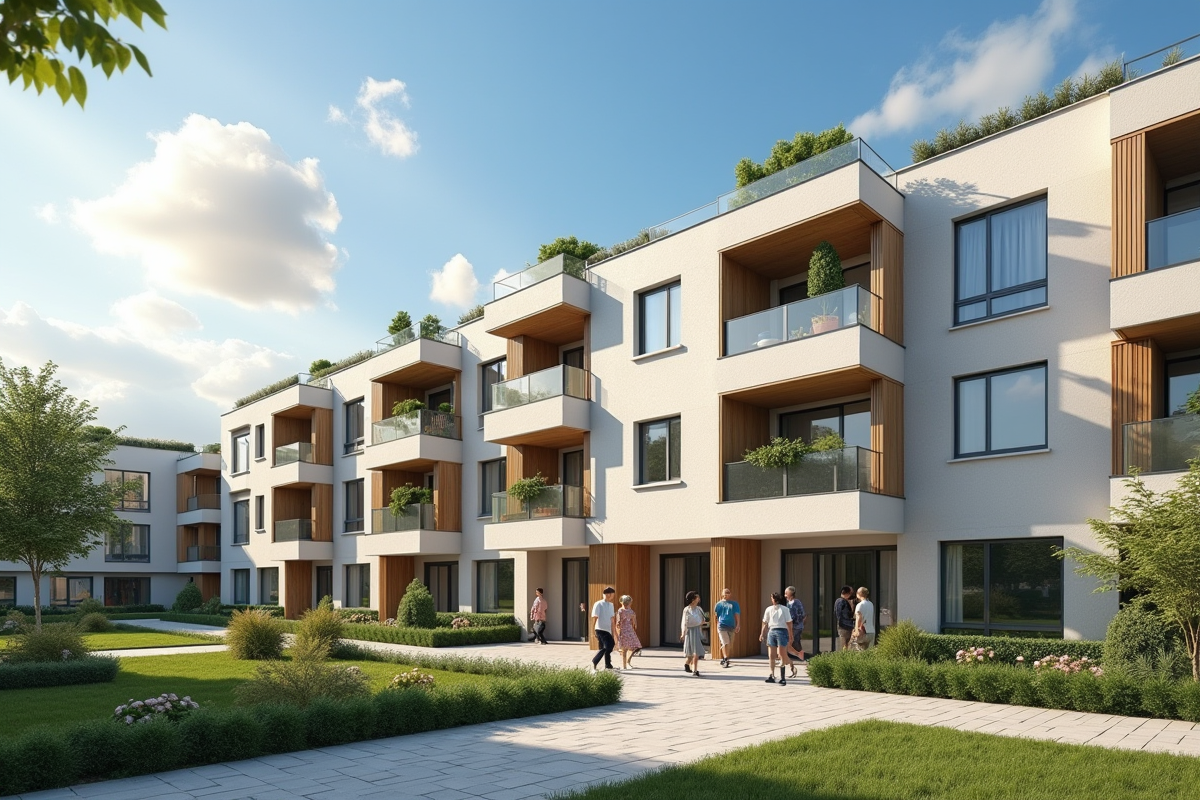 Immeuble de logement social avec familles entrant et sortant par beau temps