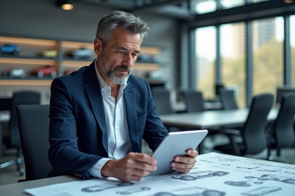 Ingénieur automobile en bureau moderne avec plans futuristes
