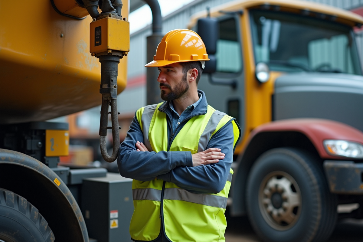 Ouvrier inspectant une grue hydraulique sur un camion en plein jour