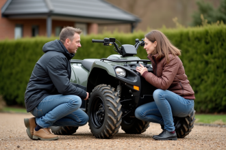 Couple inspectant un quad bike en extérieur
