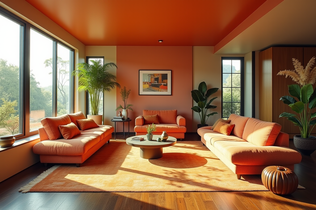 Intérieur de salon style midcentury avec mobilier géométrique