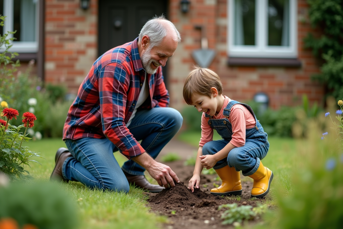 Un père et un garçon plantent des fleurs dans le jardin