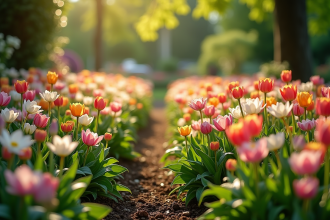 Petite jardinière en V remplie de fleurs de printemps colorées