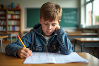 Adolescent concentré sur une fiche de maths corrigée
