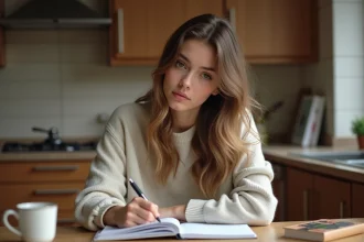 Jeune femme écrivant dans un carnet en cuisine