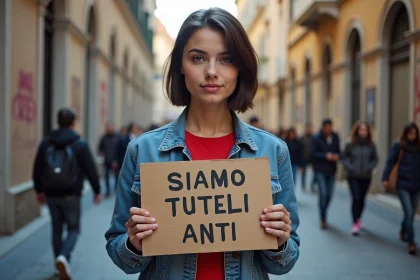 Jeune femme avec pancarte antii dans la rue urbaine
