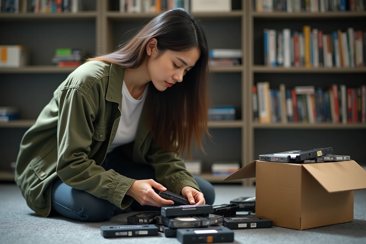 Jeune femme triant des cassettes VHS dans un espace moderne