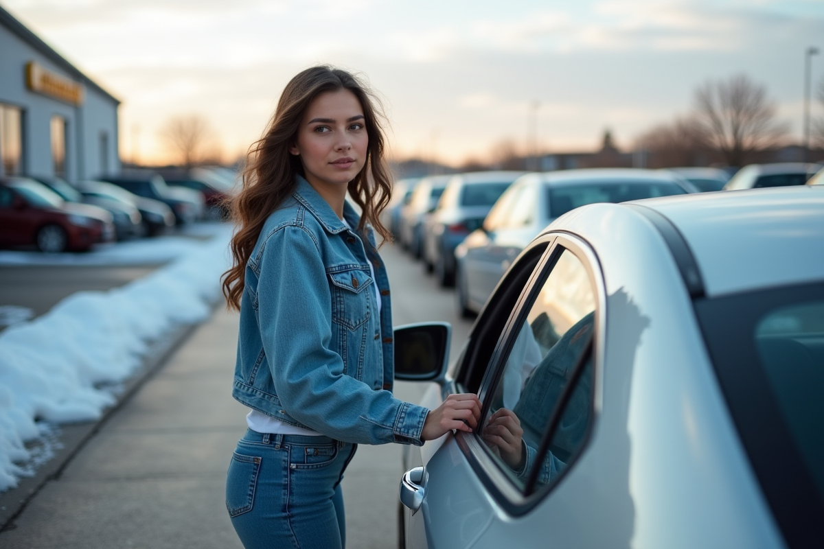 Jeune femme inspectant une voiture d