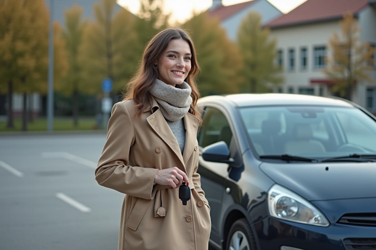 Jeune femme souriante avec sa voiture dans un parking public