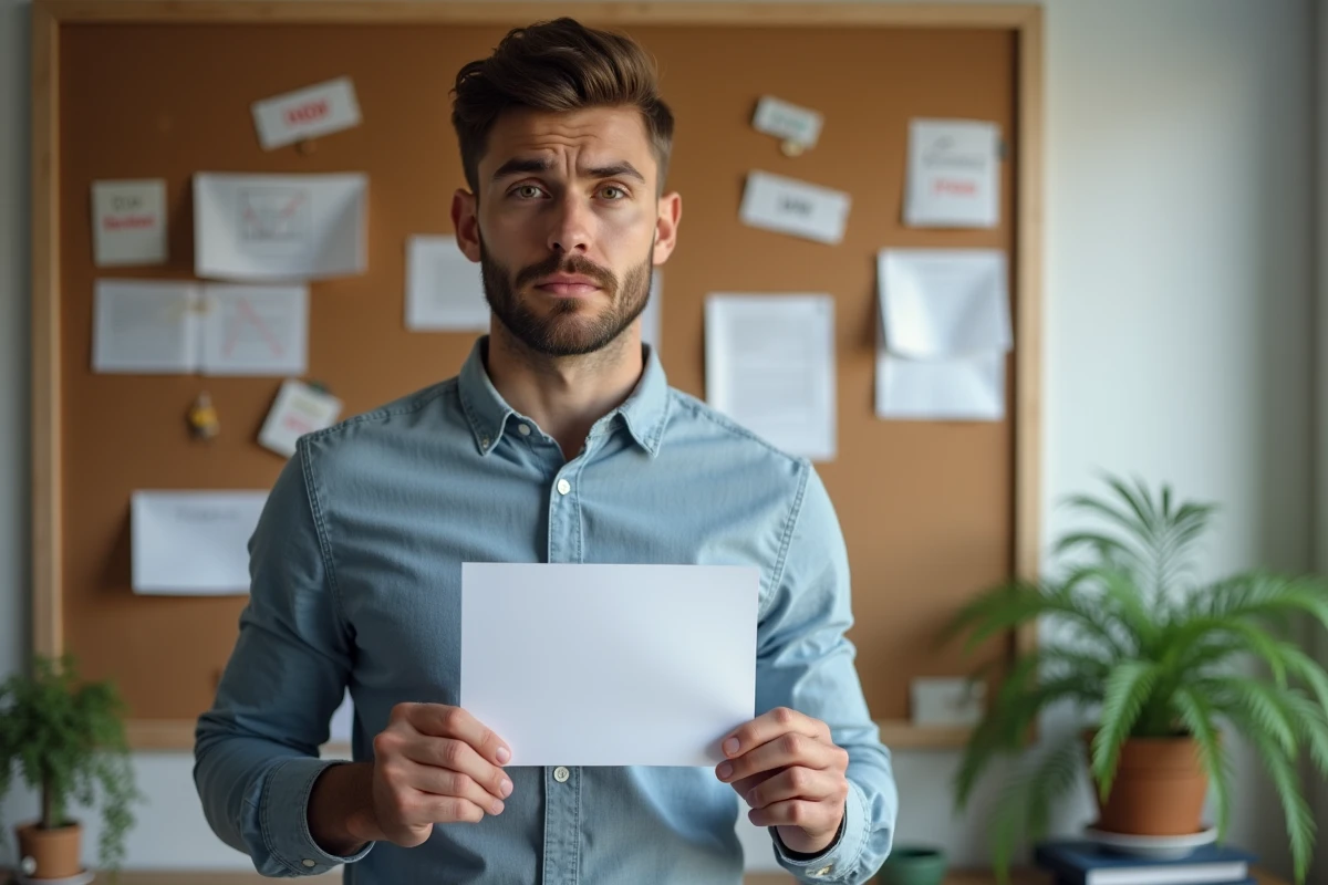 Jeune homme tenant un résultat de quiz dans un bureau à la maison