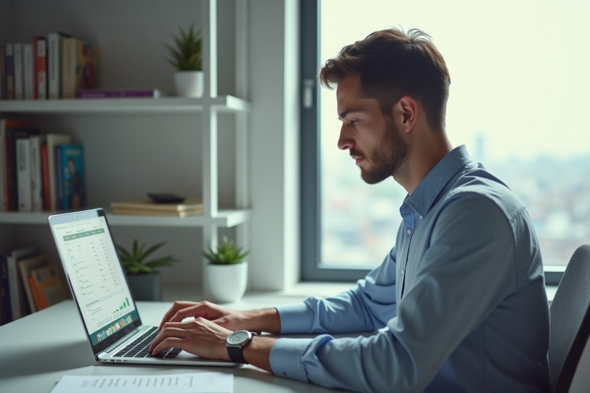 Jeune homme enregistrant ses économies sur un ordinateur