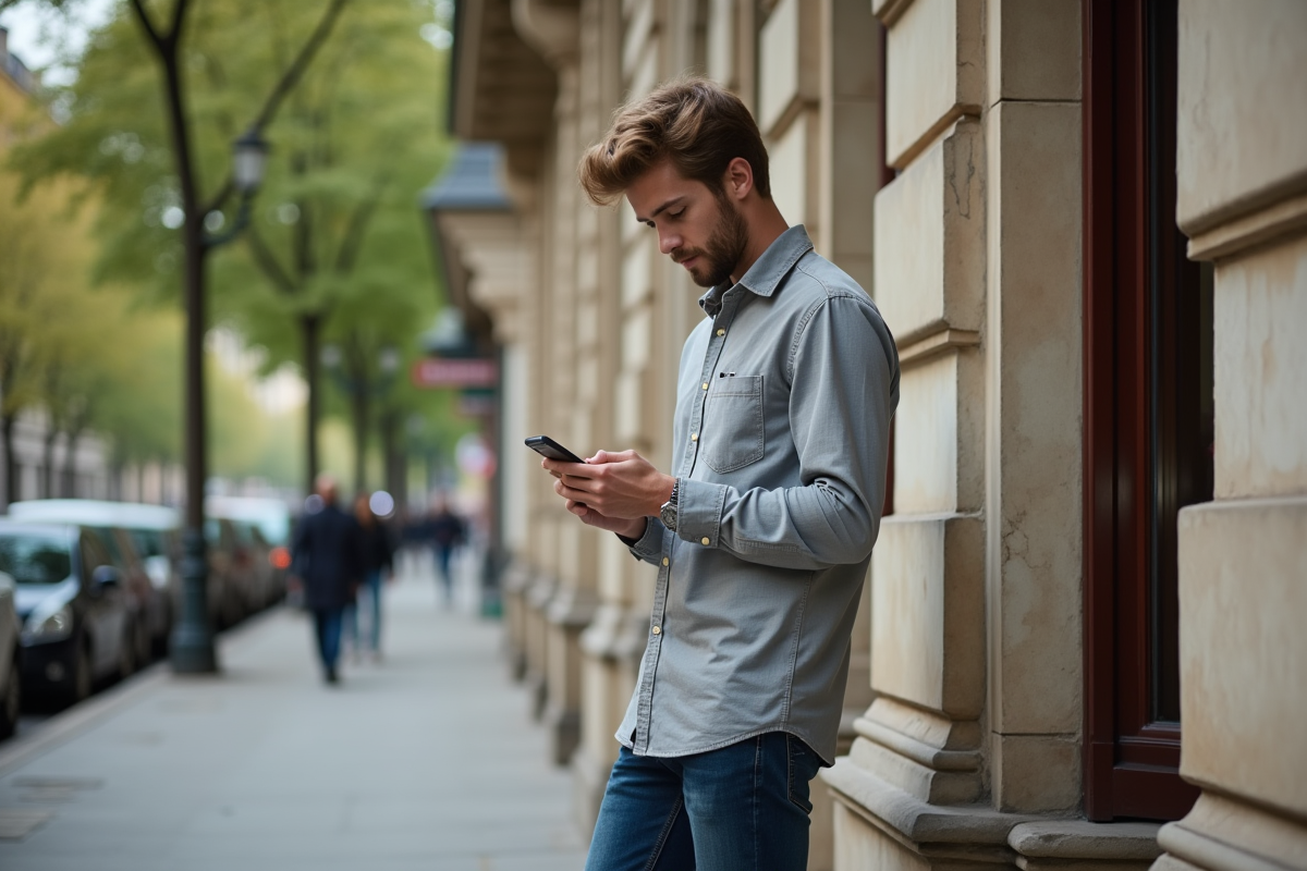 Jeune homme vérifiant son téléphone devant une banque parisienne
