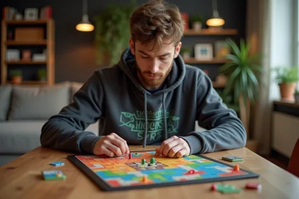 Jeune homme concentré jouant à un jeu de société dans un salon cosy