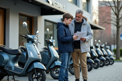 Adolescent et homme examinent des scooters 50cc en extérieur