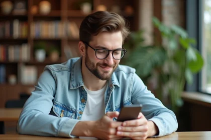 Jeune homme en denim avec smartphone dans un café