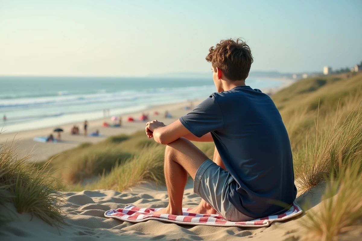 Jeune homme regardant la mer depuis la dune à Hendaye