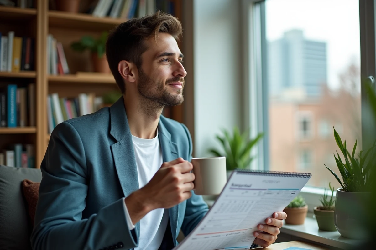 Jeune professionnel regardant par la fenêtre avec calendrier