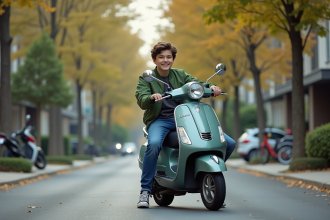 Jeune garçon assis sur un scooter Dax dans un quartier résidentiel