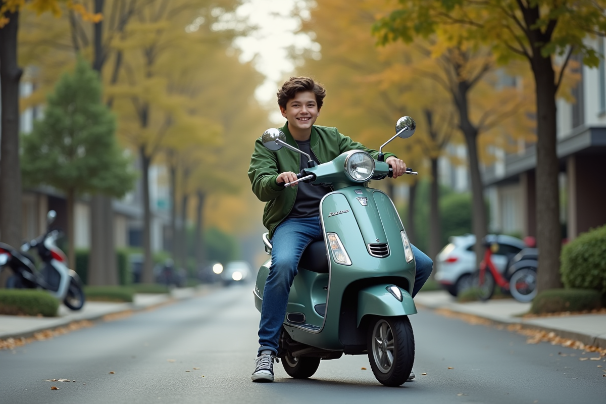 Jeune garçon assis sur un scooter Dax dans un quartier résidentiel