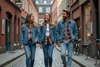 Groupe de jeunes adultes en streetwear vintage dans une rue urbaine