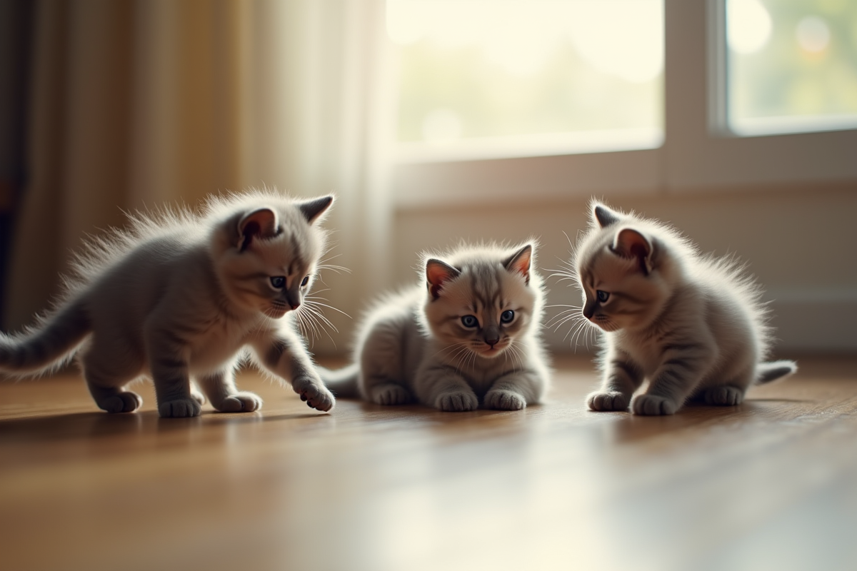 Groupes de chatons gris jouant ensemble sur un sol en bois