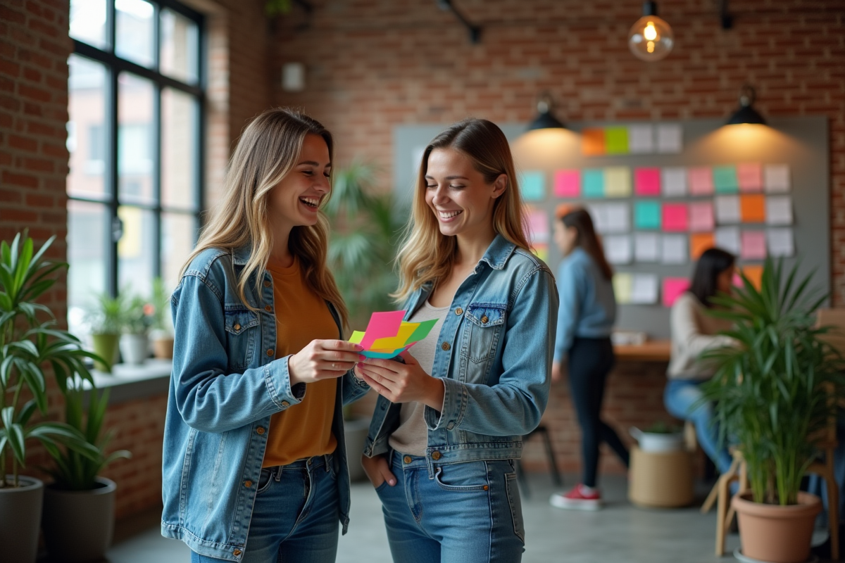 Jeunes entrepreneurs créatifs échangeant des idées dans un espace coworking