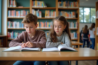 Adolescentes concentrés en bibliothèque scolaire moderne