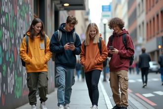 Groupe d'adolescents urbains en hoodie et sneakers dans la rue