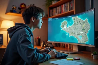 Joueur attentif devant un écran affichant une carte de jeu vidéo en monde ouvert, entouré de calendriers et de notes sur un bureau en bois