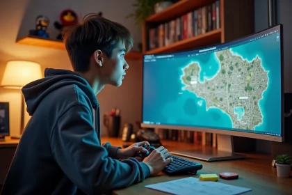 Joueur attentif devant un écran affichant une carte de jeu vidéo en monde ouvert, entouré de calendriers et de notes sur un bureau en bois