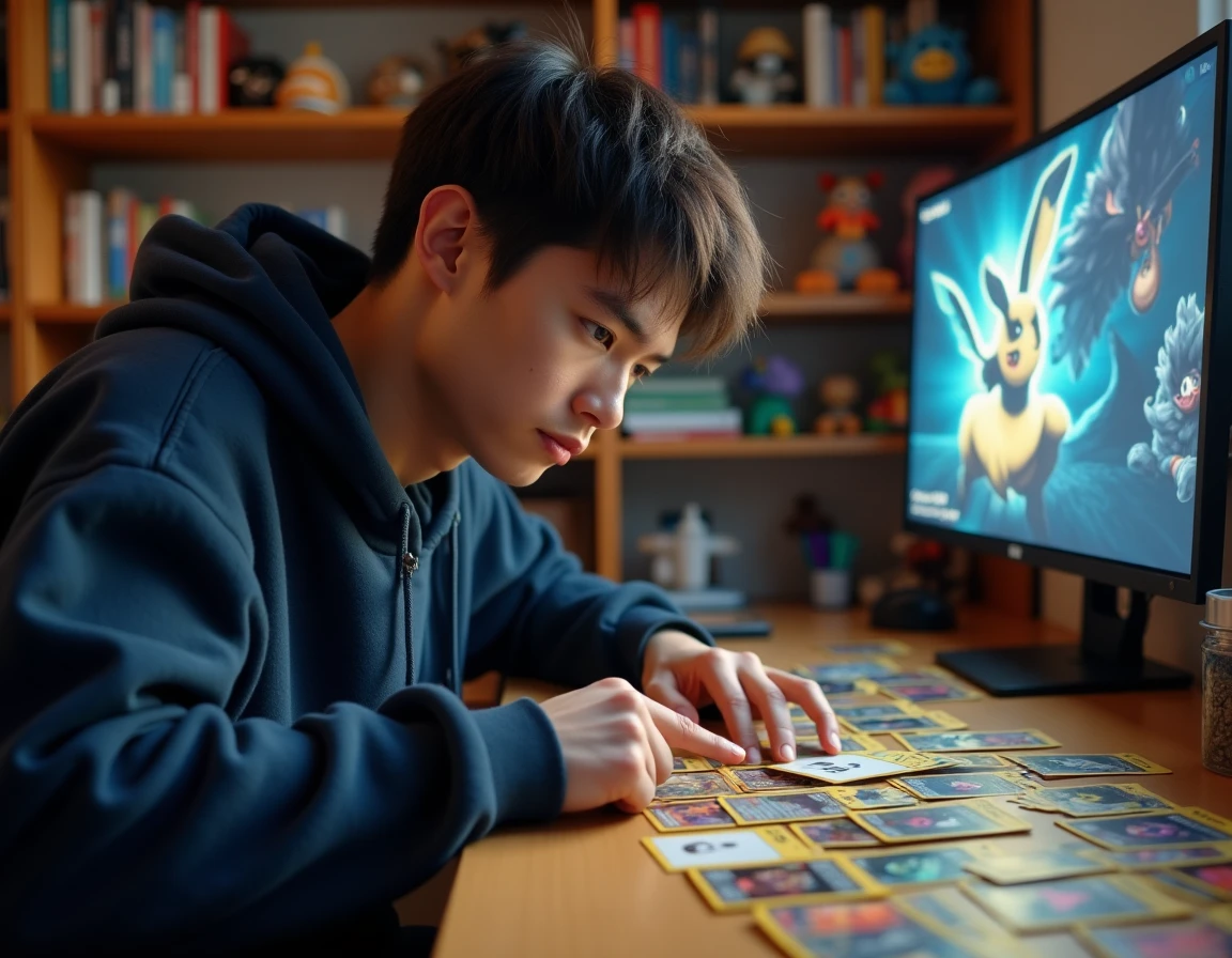 Joueur compétitif Pokémon examinant des cartes Noctali en stratégie sur un bureau en bois