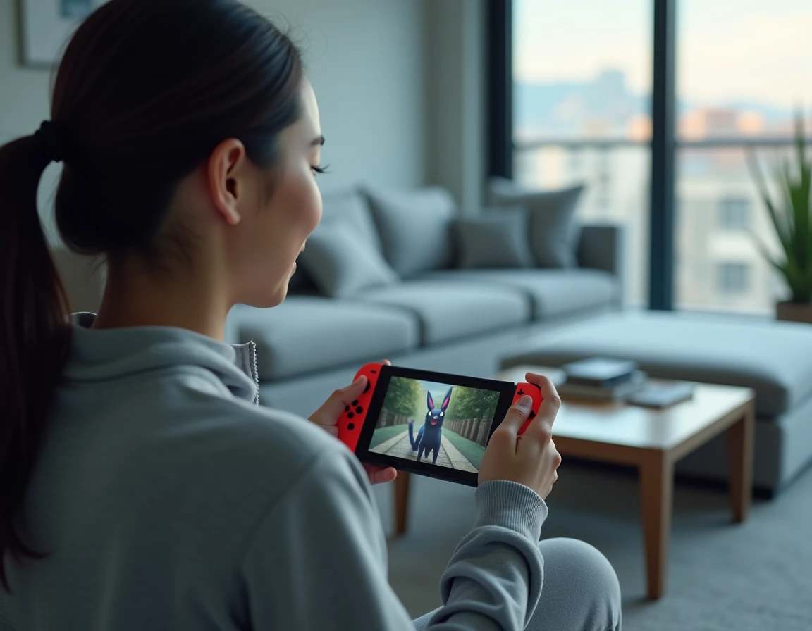Joueuse faisant évoluer Évoli en Noctali sur Nintendo Switch dans un salon moderne