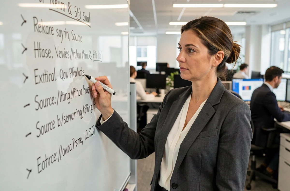 Journaliste féministe dans une salle de rédaction annotant un tableau blanc avec des sources factuelles pour contrer les désinformations virales