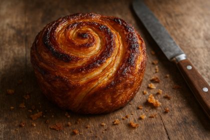 Gâteau kouign amann doré et croustillant sur une table en bois