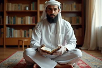 Homme portant des gants blancs en coton pour lire le Coran sur un tapis de prière, dans une bibliothèque islamique traditionnelle