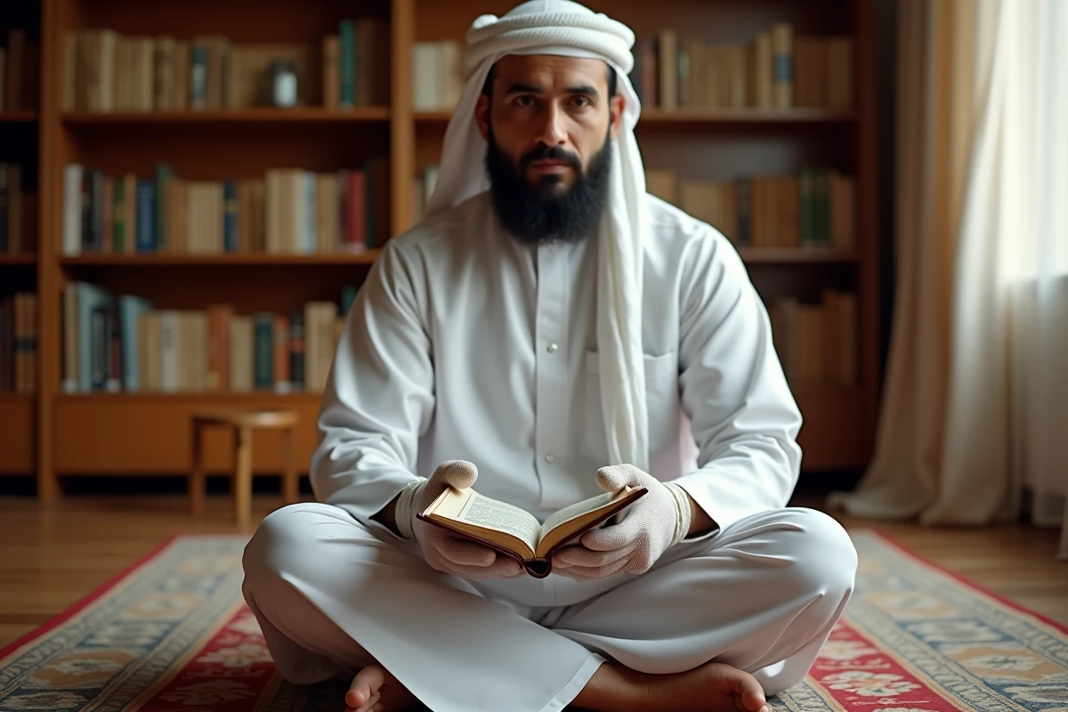 Homme portant des gants blancs en coton pour lire le Coran sur un tapis de prière, dans une bibliothèque islamique traditionnelle