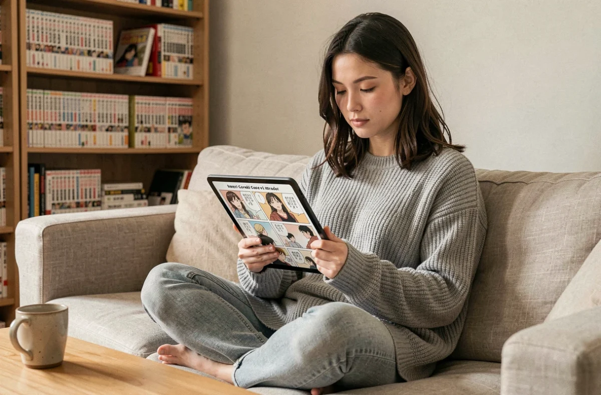 Jeune femme lisant un scan manga en français sur une tablette dans un salon cosy