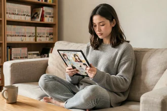 Jeune femme lisant un scan manga en français sur une tablette dans un salon cosy