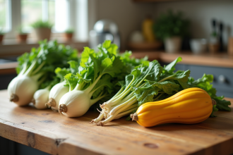 Légumes variés commençant par D sur une table en bois lumineux